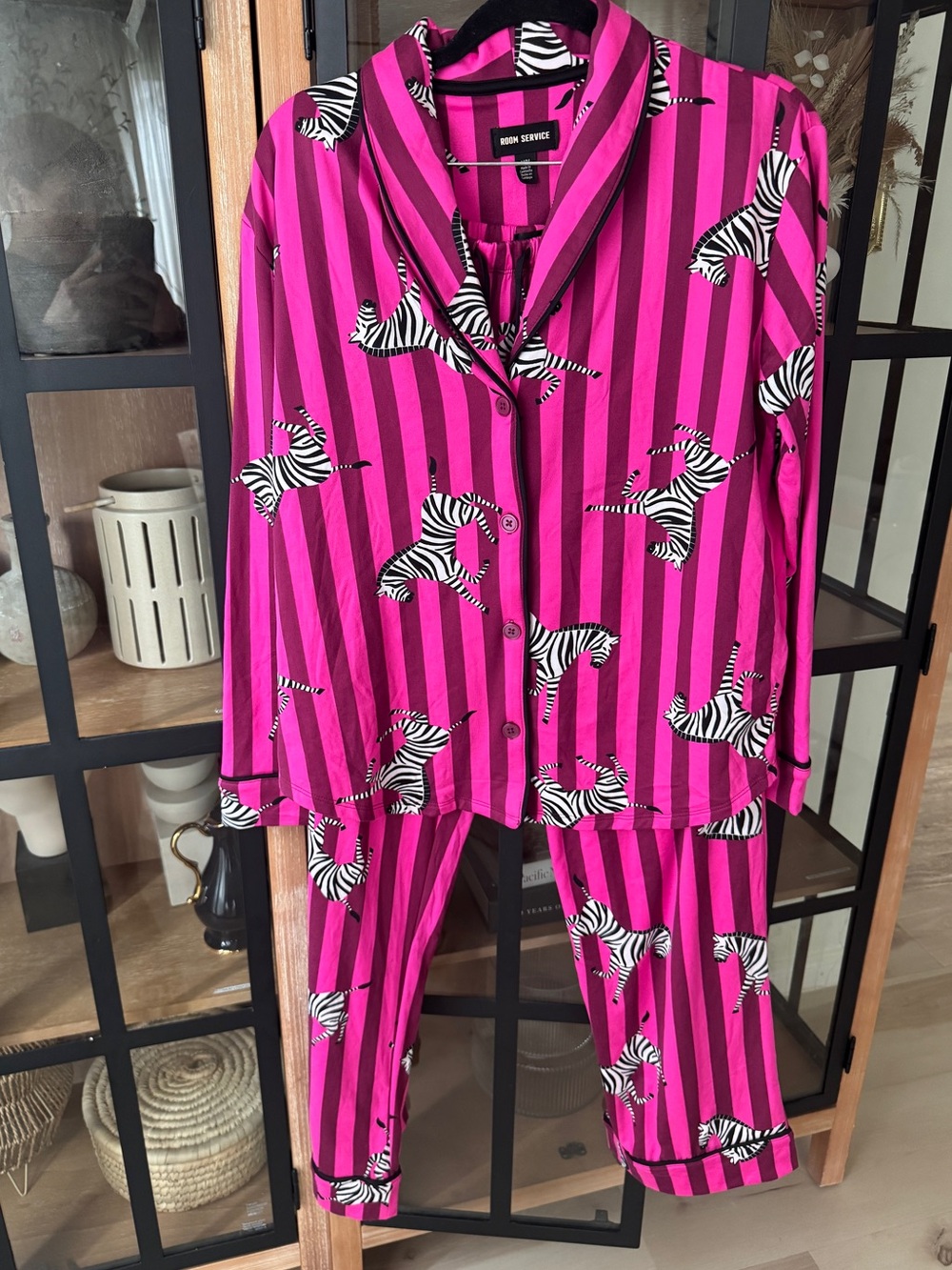 Room Service zebras striped pajamas set long sleeve shirt pants top magenta